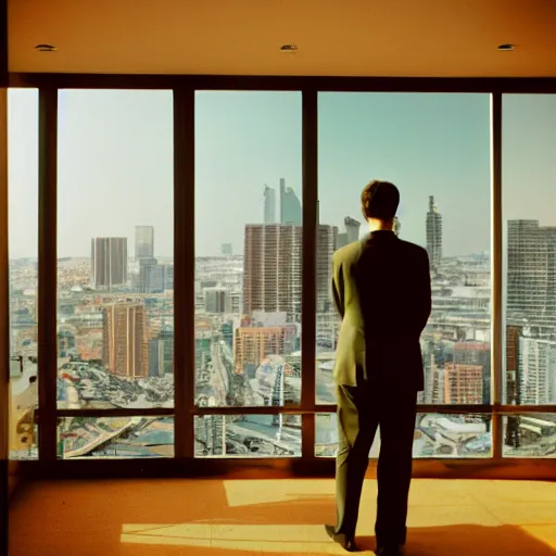 Prompt: a cat wearing a suit, looking out at a skyline from a penthouse suite, cinestill 800t,