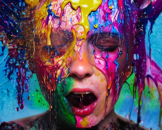 Prompt: still shot close up footage of the portrait of a female head exploding and disintegrating into acrylic pour and splashing paint and dripping paint, painful emotions, motion blur, hyperrealistic, medical, intricate art photography, anatomically correct, realistic crisp textures, 1 6 k