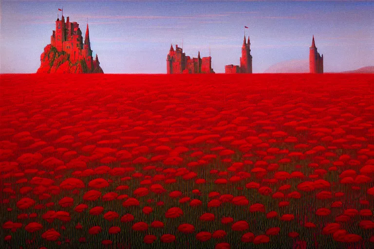 Image similar to only with red, red flowers of different types, a castle in the background, red giants rest over the flowers, in the style of beksinski, part by hopper, part by rodcenko, part by hofbauer, intricate composition, red by caravaggio, insanely quality, highly detailed, masterpiece, red light, artstation, 8 k