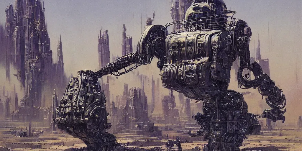 Prompt: A retro futuristic robot by Isaac Aasimov, Bruce Pennington and James Gurney