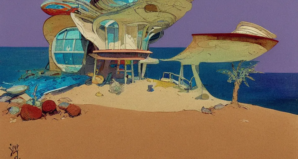 Image similar to seashell house, still life, concept art by bill sienkiwicz and john harris, triadic color scheme