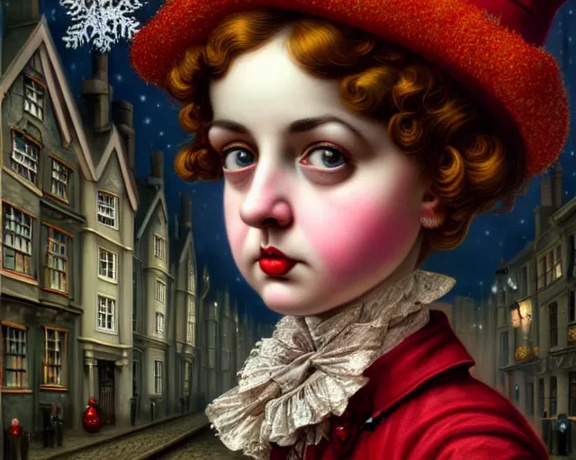 Prompt: closeup profile portrait of victorian london streets, mark ryden, lostfish, max fleischer, hyper realistic, artstation, illustration, digital paint, matte paint, vivid colors, bright, cheerful, detailed and intricate christmas environment