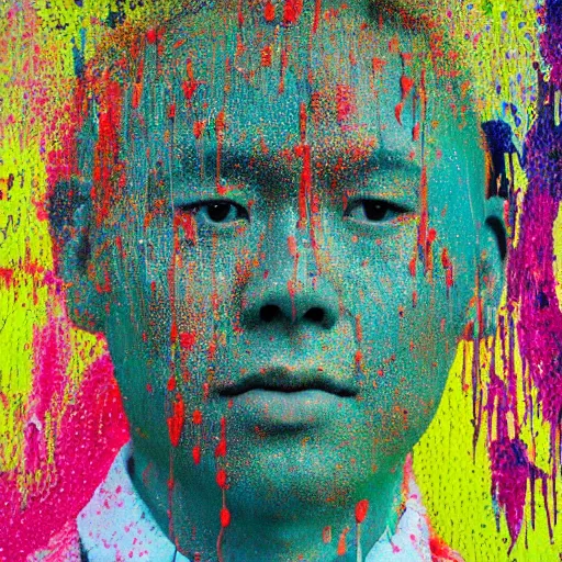 Image similar to a portrait of byron li composed of flecks of paint lush & immense density long strands of drips in all directions splatters of mixed pigments with solid color inside.