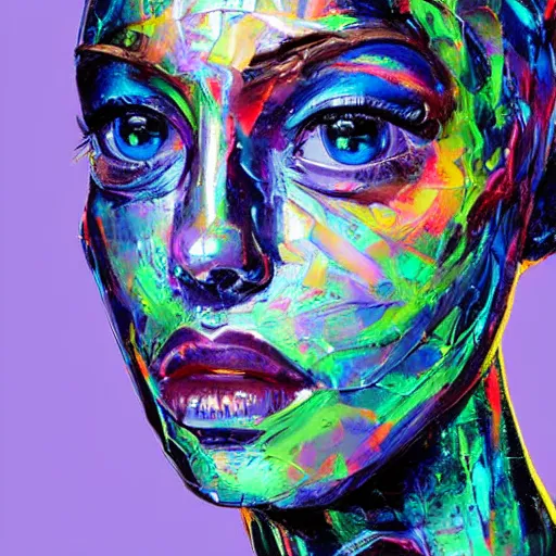 Prompt: a holographic !!!!human!!!! robotic head made of glossy iridescent, Face, Palette Knife Painting, Acrylic Paint, Dried Acrylic Paint, Dynamic Palette Knife Oil Paintings, Vibrant Palette Knife Portraits Radiate Raw Emotions, Full Of Expressions, Palette Knife Paintings by Francoise Nielly, Beautiful, Beautiful Face, surrealistic 3d illustration of a human face non-binary, non binary model, 3d model human, cryengine, made of holographic texture, holographic material, holographic rainbow, concept of cyborg and artificial intelligence