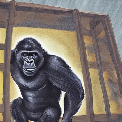 Prompt: an alchemic style painting of a gorilla breaking out of a shipping crate