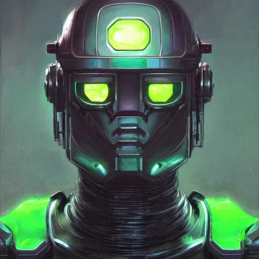 Prompt: robot with glowing green visor as a realistic scifi cyberpunk knight, closeup portrait art by donato giancola and greg rutkowski, realistic face, digital art, trending on artstation, symmetry!!!