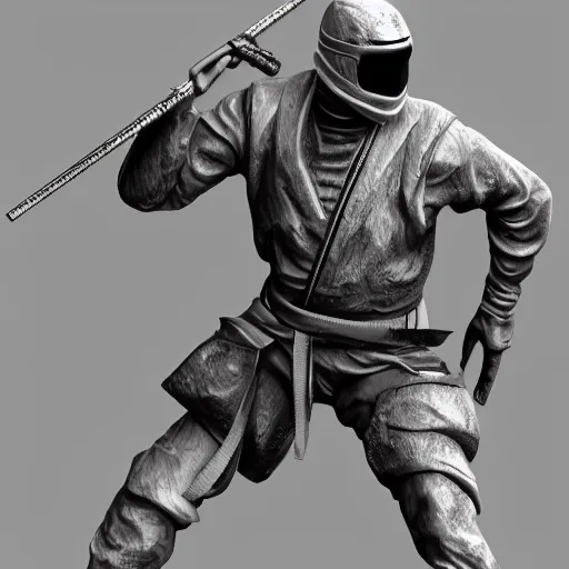 Image similar to 3 d rendering of marble and chrome statue of ninja wearing full face mask and hunter hat, combat suit, technological, octane render