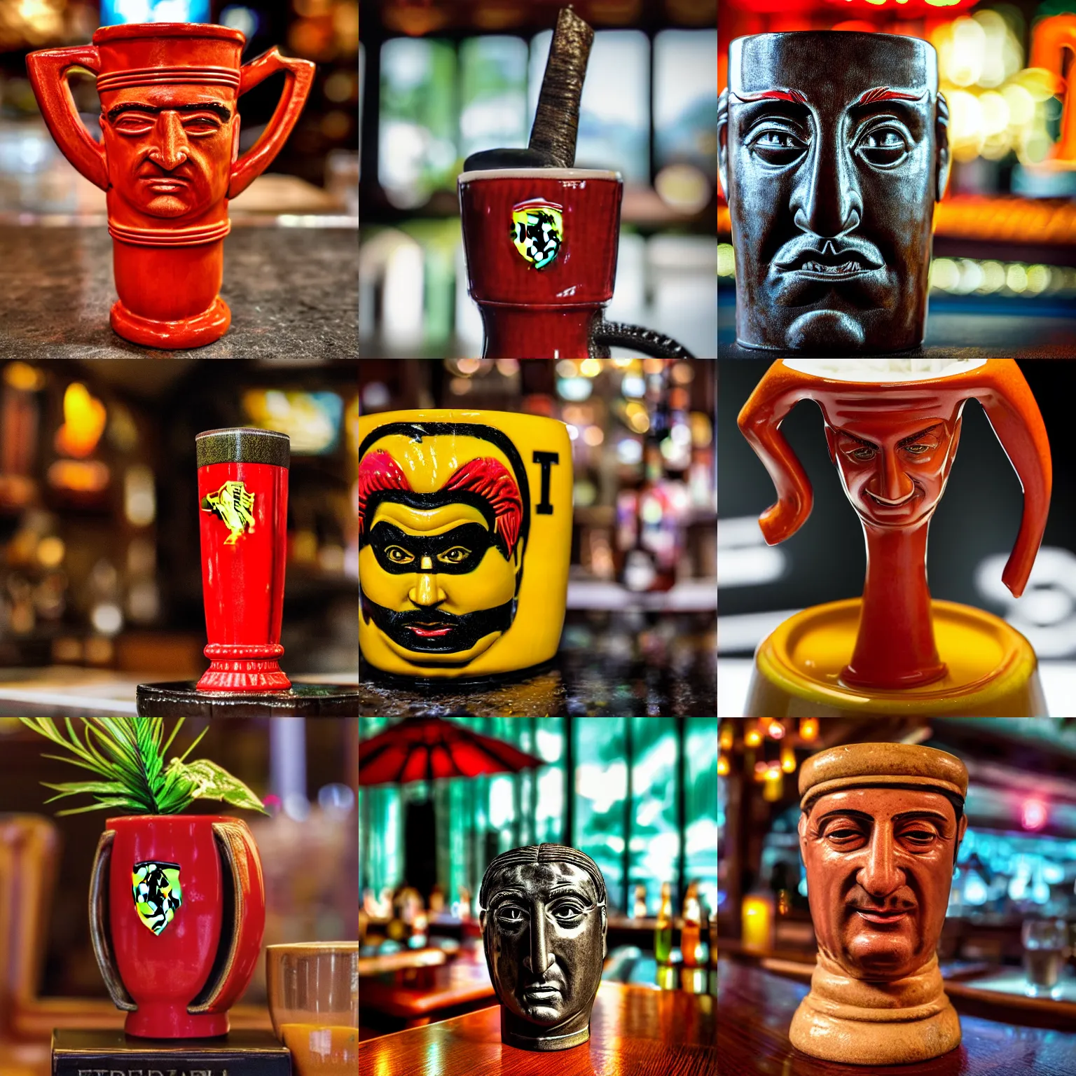 Prompt: a closeup photorealistic photograph of a ferarri themed tiki mug placed at a trader vic's bar featuring the face of young enzo ferrari. tiki theme. bright scene. fine detail. this 4 k hd image is trending on artstation, featured on behance, well - rendered, extra crisp, features intricate detail, epic composition and the style of unreal engine.