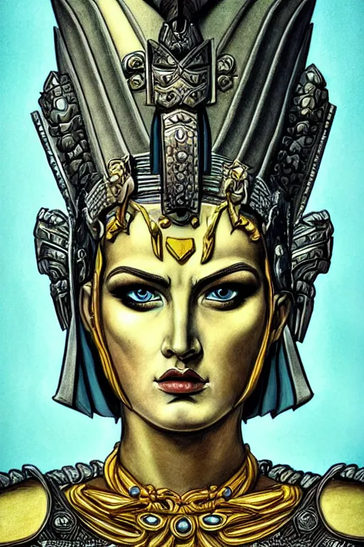 Prompt: The Godess Hera looking angry, detailed armor, portrait, highly detailed, colored pencil, beautiful face, symmetric face, cinematic, art by Hergé