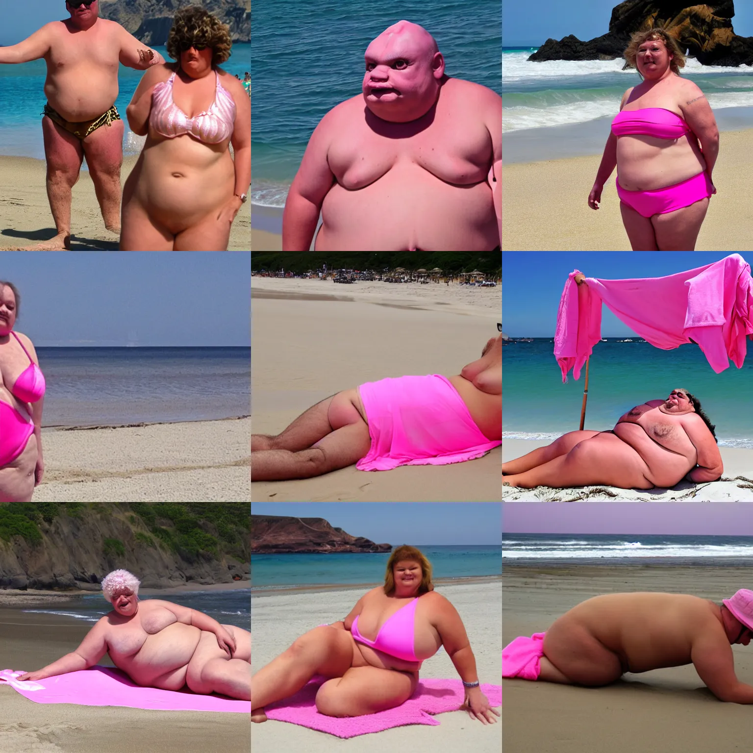 Prompt: Jabba the Hutt on the beach in a pink speedo