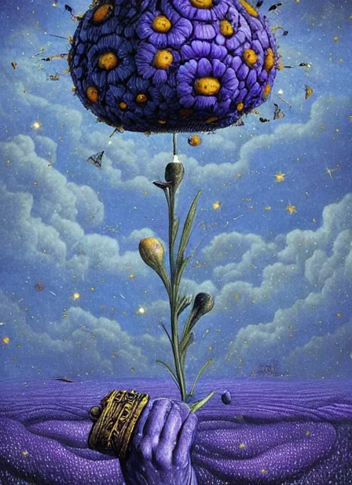 Image similar to detailed, intricate blue black and purple papaverum flower on the field, nebula, galaxy in the sky, winning award masterpiece, fantastically beautiful, illustration, aestheticly inspired, jacek yerka, upscale with anguissola sofonisba work, artstation, 8 k