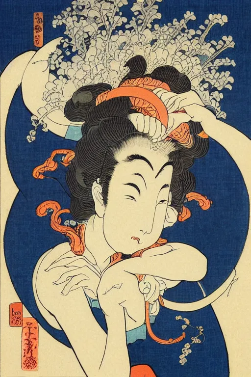 Prompt: godess with headphones, by katsushika hokusai, by ralph steadman, storybook illustration, cool color palette, in a symbolic and meaningful style, space sci - fi of ancient religion