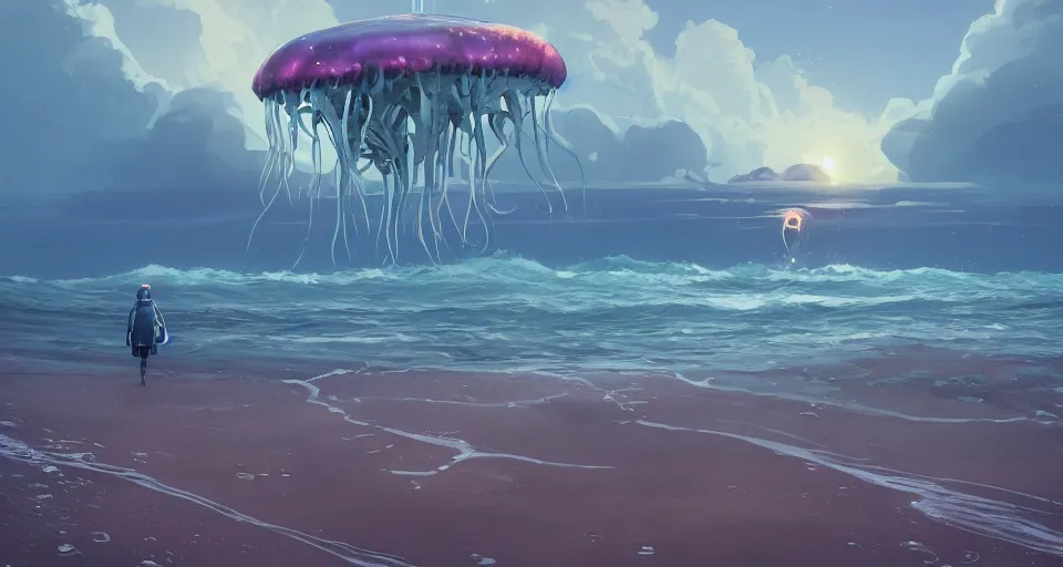 Image similar to A very beautiful serene coastal landscape scene with a GIANT MECHA JELLYFISH looming in the distance, bright sunny waves splashing on the beach, Translucent rendered by simon stålenhag, rendered by Beeple, Makoto Shinkai, syd meade, environment concept, digital art, starwars, unreal engine, 3 point perspective, WLOP, trending on artstation, low level, 4K UHD image, octane render,