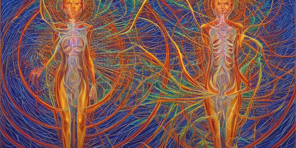 Image similar to could there be a realization of such magnitude that it quite literally blows one's mind?, center shock depicts such a moment of post - contemplative epiphany, volumetric lighting and shadows, concept art, biomechanical, realistic oil painting by alex grey