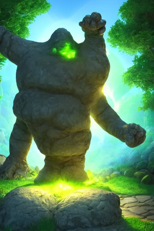 Image similar to arcane fantasy art giant golem elemental wood rock bastion forged gemstone enchanted forest troll, global illumination ray tracing hdr fanart arstation by sung choi and eric pfeiffer and gabriel garza and casper konefal lisa frank zbrush central hardmesh radiating a glowing aura