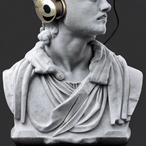 Image similar to a roman bust wearing headphones, vaporwave!!!!!!!!!!!
