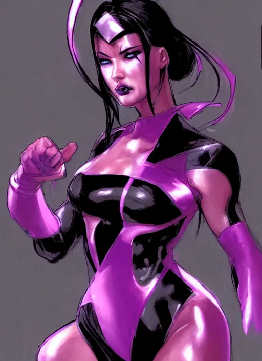 Prompt: psylocke, high contrast, concept art, dramatic lighting, portrait, facing forward, face in focus, art by Jim Lee-i