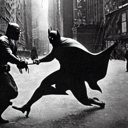 Prompt: a close - up old black and white photo, 1 9 1 3, depicting batman fighting a mafia boss in an ally of new york city, rule of thirds, historical record