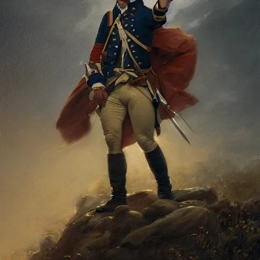 Prompt: a dramatic epic ethereal portrait of a soldier in French revolutionary wars, 18th century, full body with dynamic pose, male, detailed face, cinematic lighting, highly detailed oil on canvas painting by Greg Rutkowski, winning-award digital art trending on Artstation H 1024 W 832