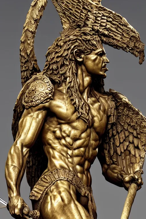 Image similar to photo taken of an epic intricate, ultra detailed, super realistic sculpture of a ancient winged demonic guardian statue holding an axe, sculpture on display, created by weta workshop, photorealistic, sharp focus, f 0. 4, face centred, golden ratio