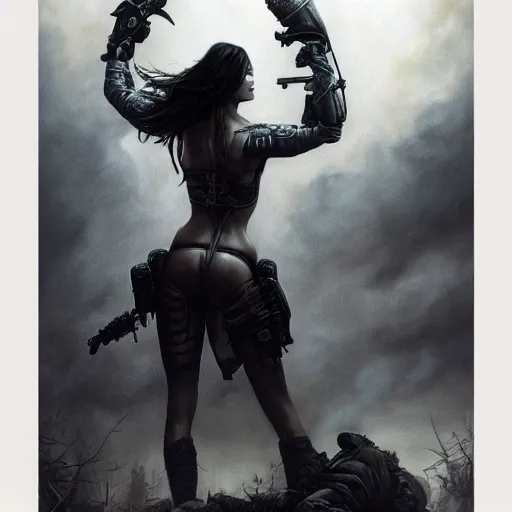 Image similar to By Tom Bagshaw and Boris Vallejo, ultra realist soft painting of a warzone by night, centered Gothic fully armored Megan Fox standing, horror, omnious sky, symmetry accurate features, very intricate details, black and white, volumetric light clouds