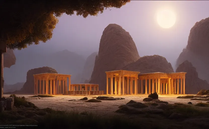 Prompt: exterior shot of utopian ancient persian temple hill with cinematic lighting by peter zumthor and renzo piano, darek zabrocki and greg ruthkowski, simon stalenhag, cinematic, holy place, paradise, scifi, futurism, atmospheric, concept art, artstation, trending on artstation