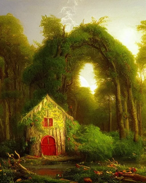 Prompt: an oil painting of a candy - covered gingerbread witch's house in the forest, by thomas cole, ivan shiskin, and james gurney