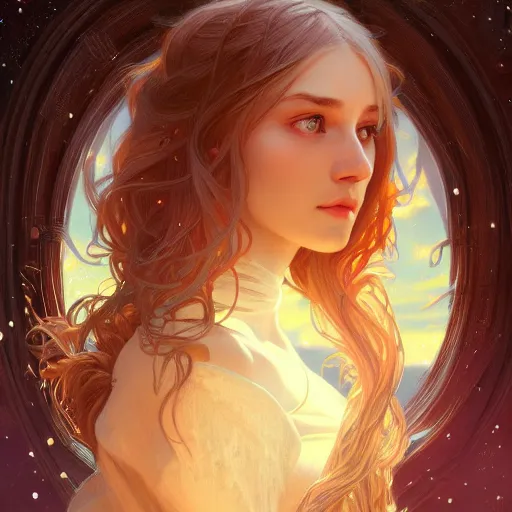 Image similar to girl with super long hair, hair becoming bright stars, intricate, highly detailed, digital painting, artstation, concept art, smooth, sharp focus, illustration, unreal engine 5, 8 k, art by artgerm and greg rutkowski and alphonse mucha