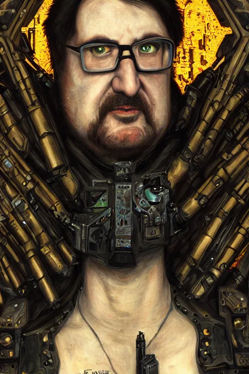 Image similar to portrait of gothic Gabe Newell, cyberpunk, Warhammer, highly detailed, artstation, illustration, art by Gustav Klimt