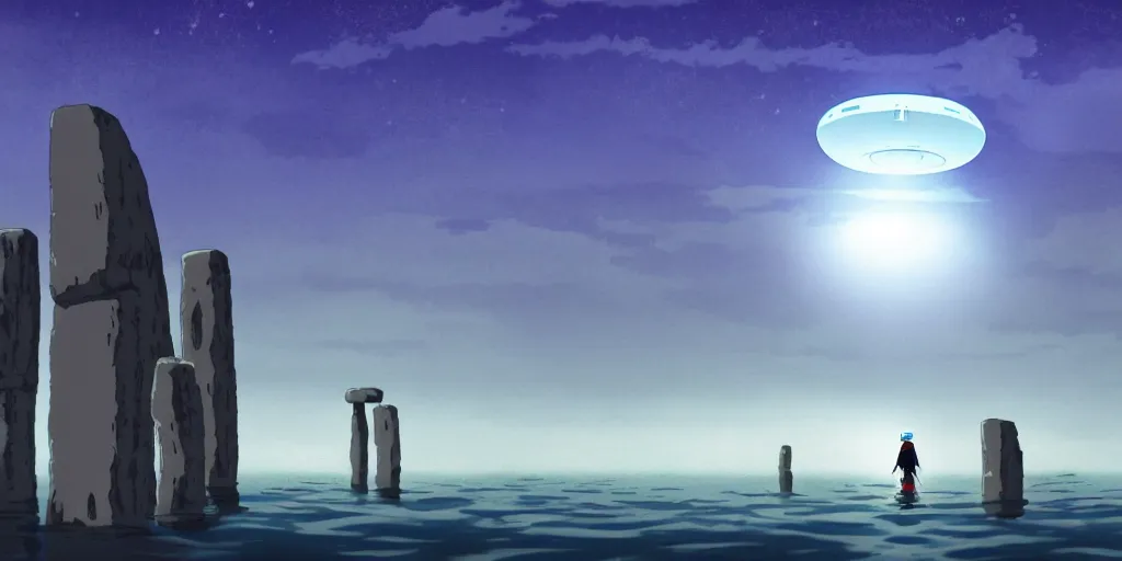 Image similar to a cell - shaded studio ghibli concept art of a giant silver hovering ufo shining a spotlight on a middle eastern merchant in a flooded stonehenge desert on a misty starry night. very dull colors, asymmetrical, hd, 4 k, hq