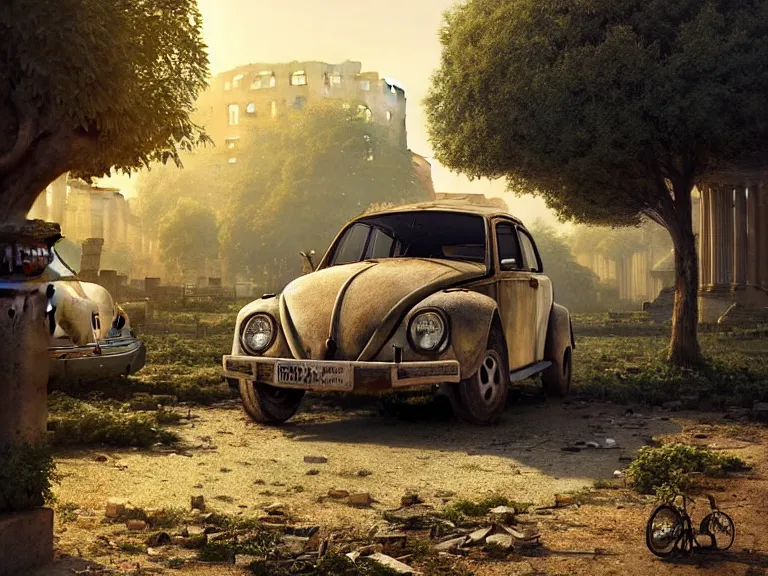 Prompt: a tree growing on a scrap vw beetle in ancient greek ruins, gray wasteland, many scrap cars, overgrown, pillars and arches, vines, hyperrealistic, highly detailed, cinematic, ray of golden sunlight, beautiful, cgsociety, artstation, 8 k, oil painting by greg rutkowski, by artgerm, by wlop