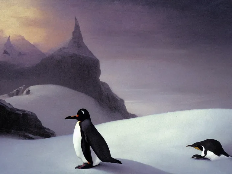 Prompt: an oil painting of a penguin playing in pure white snow on a misty glacier at dusk. aurora. by tuomas korpi moebius and carl spitzweg. baroque elements. intricate artwork by caravaggio. oil painting. oil on canvas. award winning. dramatic. trending on artstation. 8 k