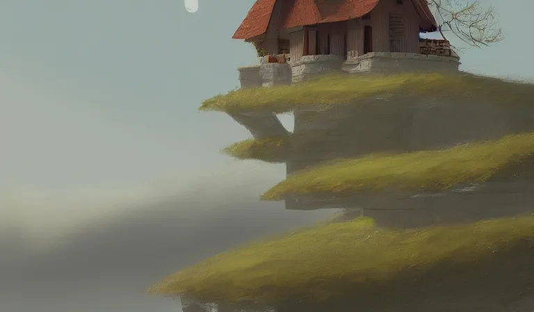 Prompt: A serene landscape with a singular building in the style of trending on artstation