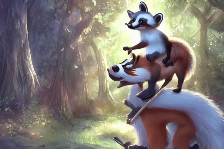 Image similar to an anthro anthro raccoon, riding an oversized fox through a forest, glowing with silver light, today's featured anime still, 1 6 k, character design, furry art, furaffinity