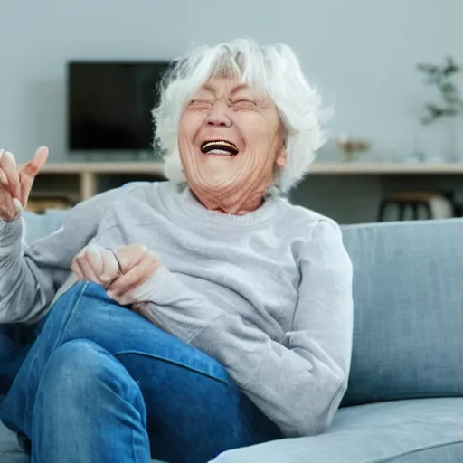 Image similar to laughing grandma watching satan on the tv