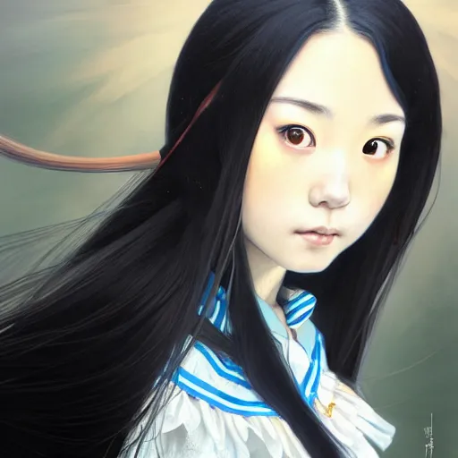 Image similar to Kotegawa Yui, Portrait of a girl with long black hair wearing a partial school uniform with a black skirt and blue top, face, fantasy, intricate, elegant, highly detailed, digital painting, artstation, concept art, smooth, sharp focus, illustration, art by Fernanda Suarez and Artem Demura and alphonse mucha