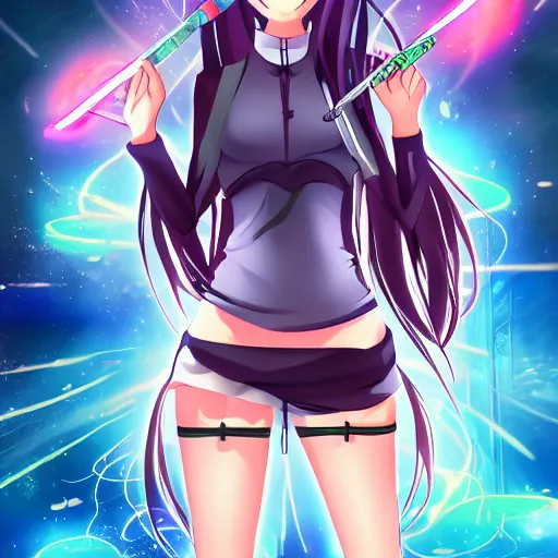 Prompt: beautiful young female anime! ninja with extremely detailed eyes action pose, neon city, raining, dramatic, 8 k