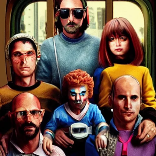 Image similar to the royal tenenbaums in a cyberpunk future, photorealistic, detailed, family portrait