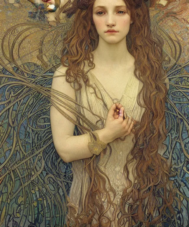 Image similar to detailed realistic beautiful young medieval queen face portrait by jean delville, alphonse mucha, vincent van gogh, and marco mazzoni, art nouveau, symbolist, visionary, gothic, pre - raphaelite