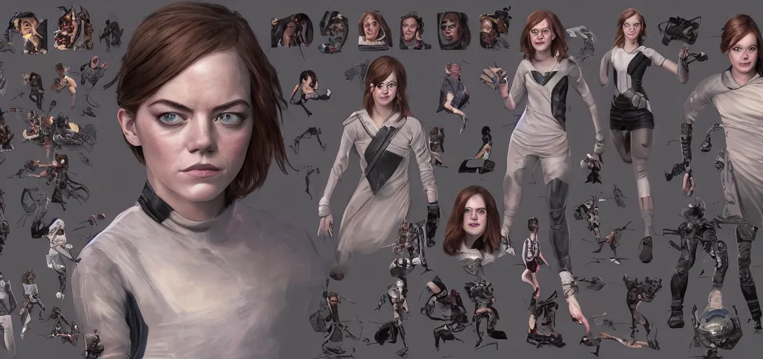 Image similar to character sheet concept art of emma stone as emma watson as a superhero, realistic, hyperrealistic, photographic, costume, wlop, dan mumford, greg rutkowski, high detail, octane render, alexander mcqueen, james gurney, james jean, mucha, photo, 8 k, intricate