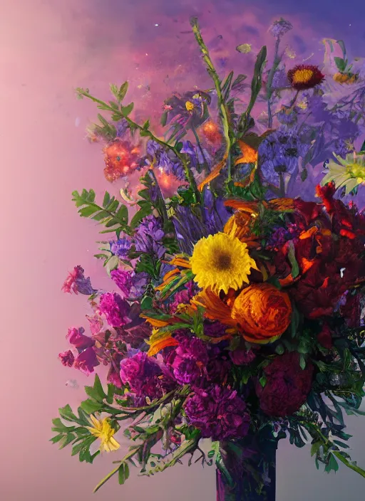 Image similar to An epic fantastic realism comic book style painting of the most beautiful flowers launched into space, bouquets, fisheye lens, unreal 5, DAZ, hyperrealistic, octane render, by Rachel Ruysch, dynamic lighting