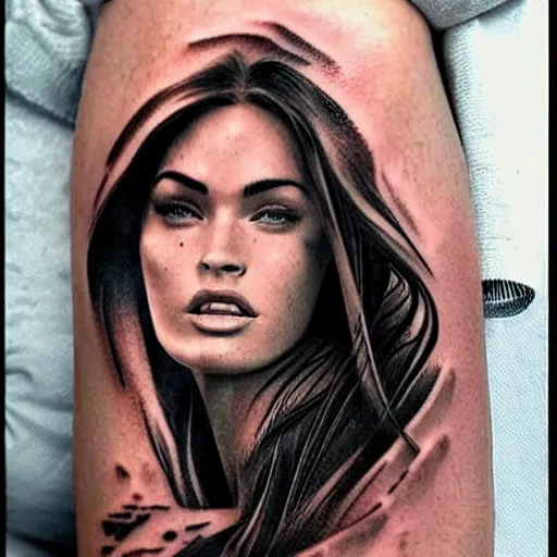 Image similar to double exposure tattoo design sketch of megan fox with beautiful mountain scenery, hyper - realistic, in the style of den yakovelev, amazing detail, sharp