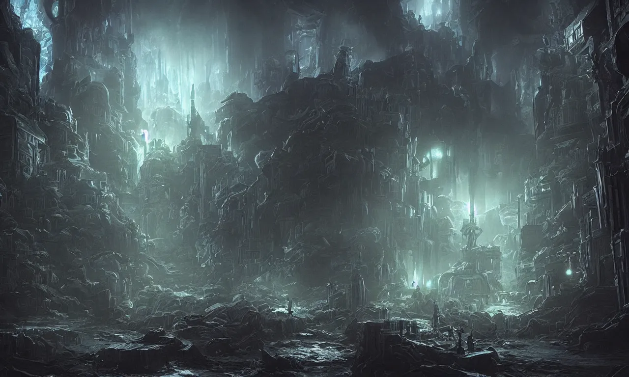 Prompt: a cinematic view of the eldritch subterranean city of r'lyeh. art by xin xiang and james paick, hyperrealism, spooky, dramatic lighting