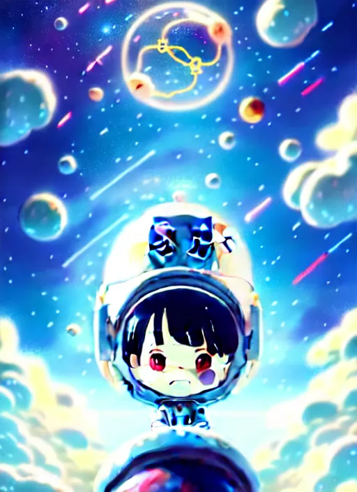 Image similar to portrait of cute kawaii astronaut android floating around a large biomechanical dragon, nebulous background of dynamic space, a dramatic composition by wlop and greg rutkowski and makoto shinkai and studio ghibli and kyoto animation cute bubbly clothing, 4 k resolution trending on artstation