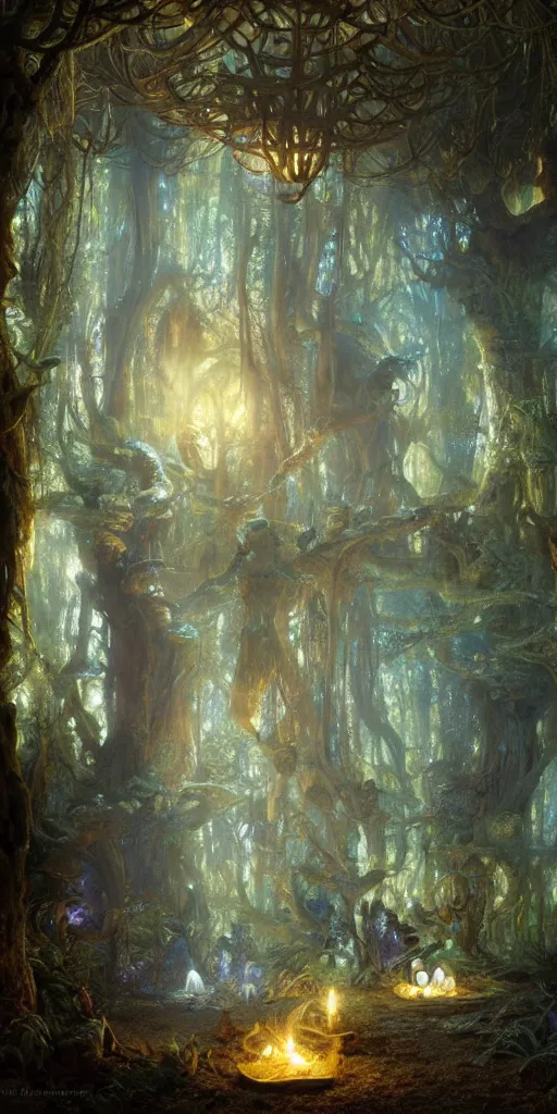 Image similar to enchanted mushroom forest, radiant light, caustics, by gaston bussiere, bayard wu, greg rutkowski, giger, maxim verehin