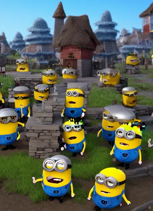 Prompt: king minion bob conquering anchient village with his minion army in pixar style, fantasy village, smooth render, unreal engine 5, high - quality