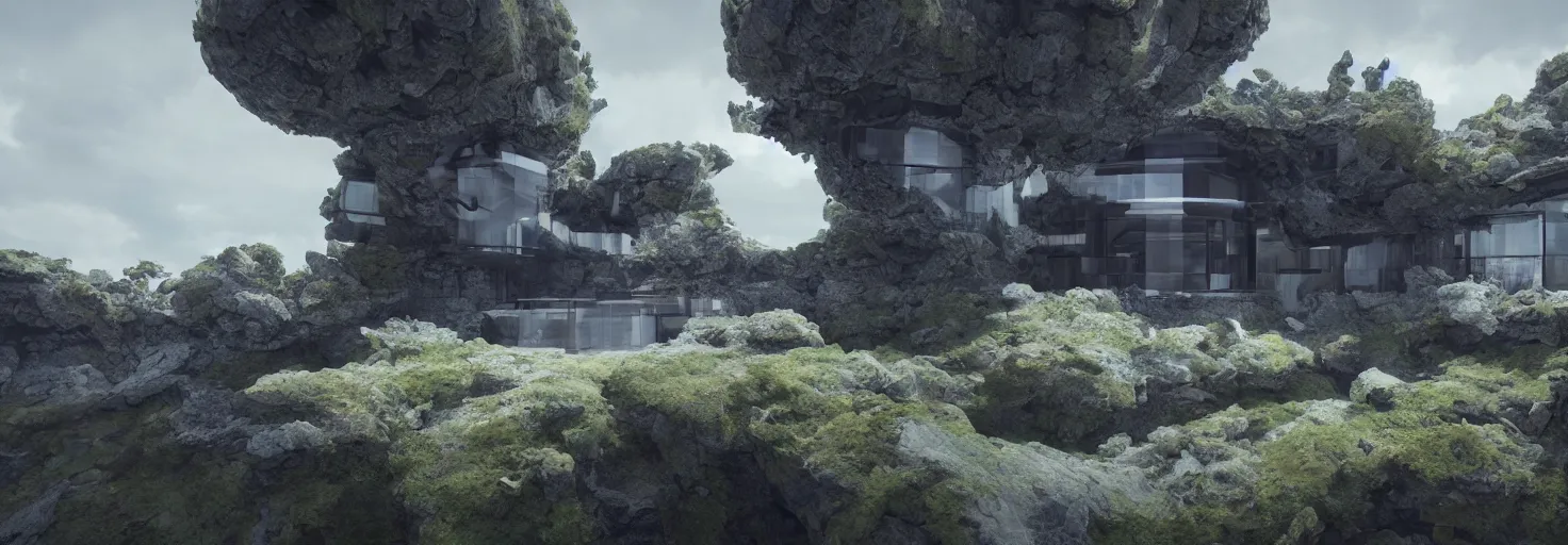 Image similar to a large futuristic house in the middle of a fractal landscape : octane render : unreal engine : 3 d fractal : digital 3 d : concept art : fractal : procedural : landscape