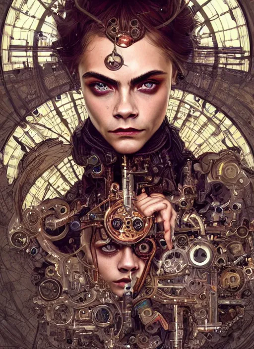 Image similar to symmetry! cara delevingne, machine parts embedded into face, tubes and cables, intricate, elegant, highly detailed, digital painting, artstation, concept art, smooth, clockwork, sharp focus, illustration, art by artgerm and greg rutkowski and alphonse mucha, 8 k