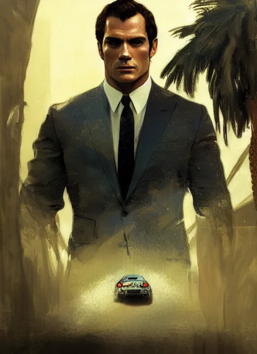 Image similar to portrait of henry cavill as james bond, key art, sprinting, palm trees, aston martin, highly detailed, digital painting, artstation, concept art, cinematic lighting, sharp focus, illustration, by gaston bussiere alphonse mucha