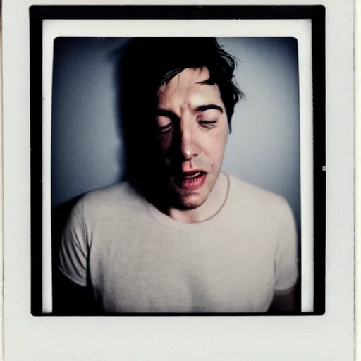 Image similar to a professional polaroid portrait photo of a man with an asymmetrical face with his eyes closed, dreaming. the man has black hair, light freckled skin and a look of panic on his face. extremely high fidelity. key light.